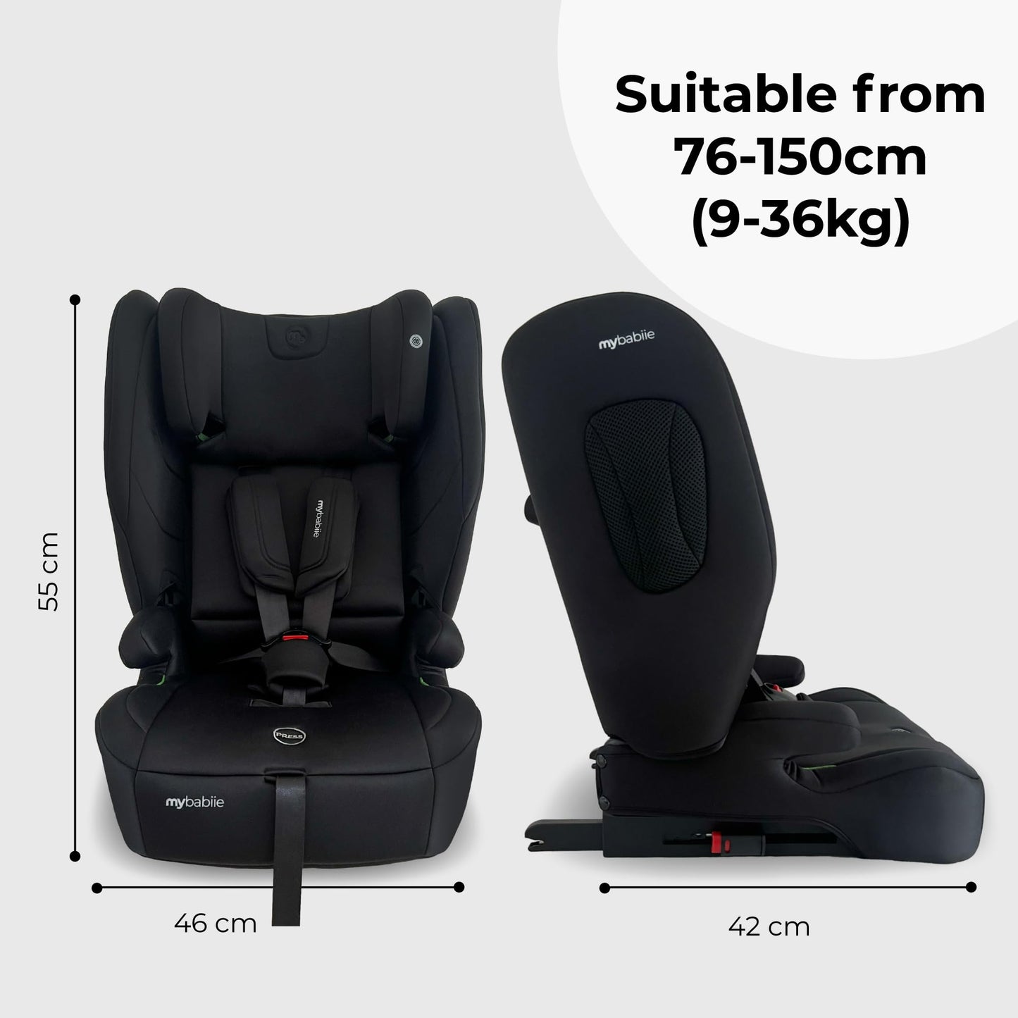 My Babiie MBCS80 Foldable Toddler to Booster R129 Child Car Seat - ISOFIX with Top Tether, Harness, 76-150cm (Approx. 9-36kg, 15 Months - 12 Years), i-Size, Group 1/2/3, Forward Facing - Black