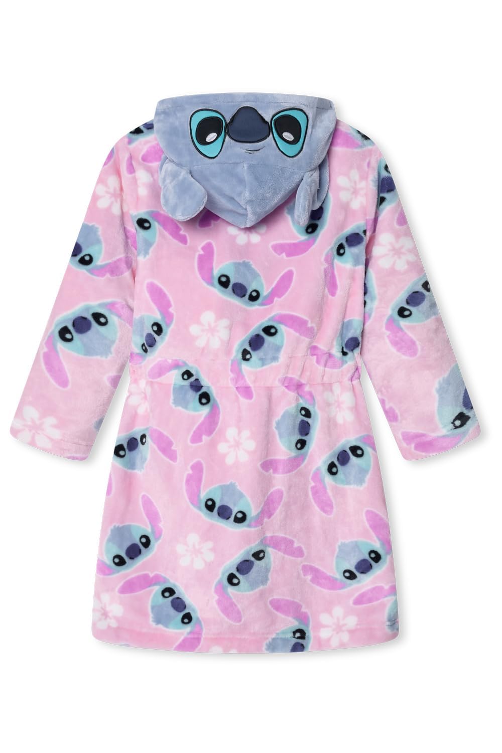Disney girls Stitch fleece dressing gown with hood, 3D ears, floral print, tie belt, and pockets, perfect for loungewear and bedtime.