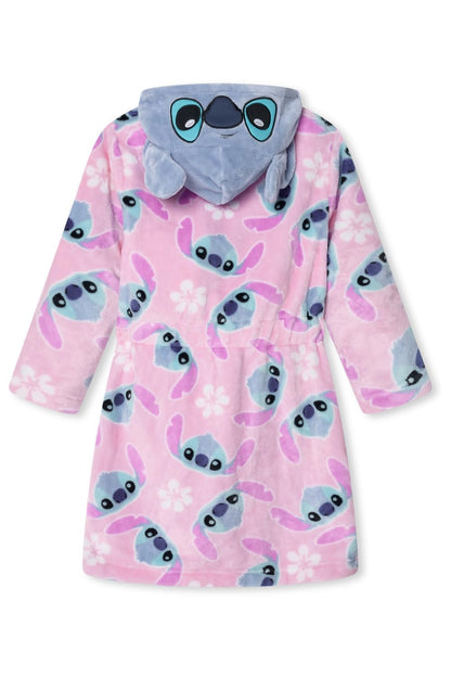 Disney girls Stitch fleece dressing gown with hood, 3D ears, floral print, tie belt, and pockets, perfect for loungewear and bedtime.