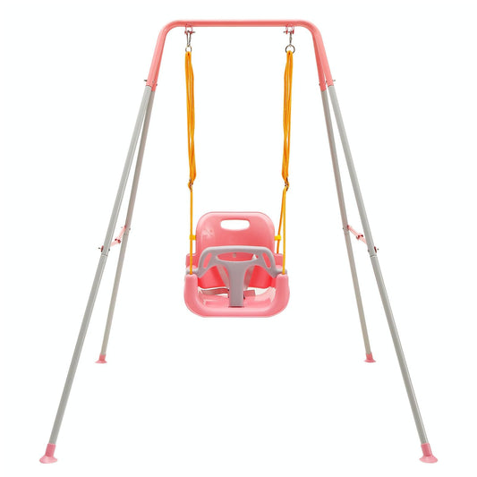 FUNLIO Children's Swing with Folding Metal Stand for Indoor and Outdoor Use, Baby Swing with 4 Sandbags, Easy to Assemble, Pink