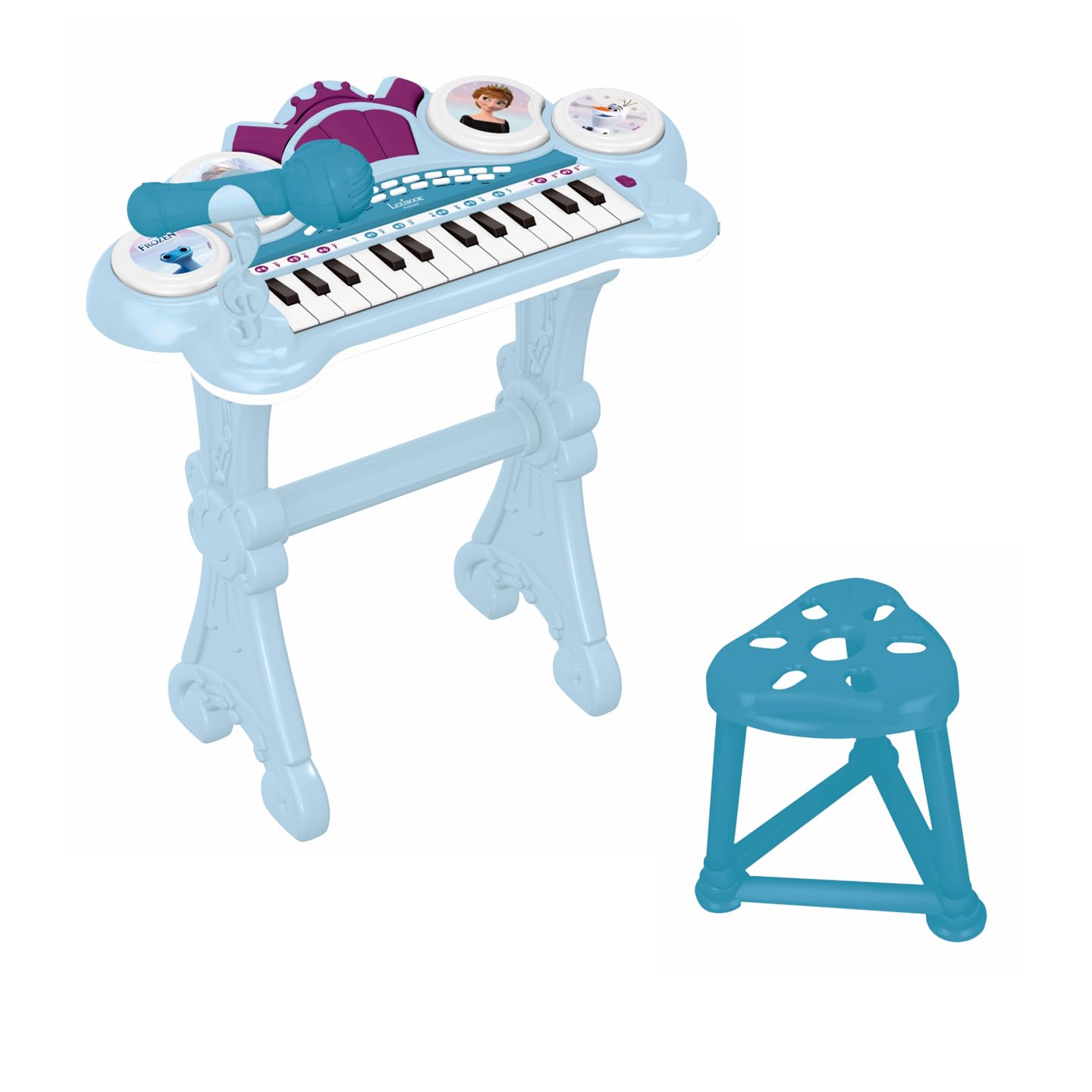 Lexibook Frozen electronic keyboard in blue and purple with seat, microphone, MP3 player, sound effects, and demo tunes.