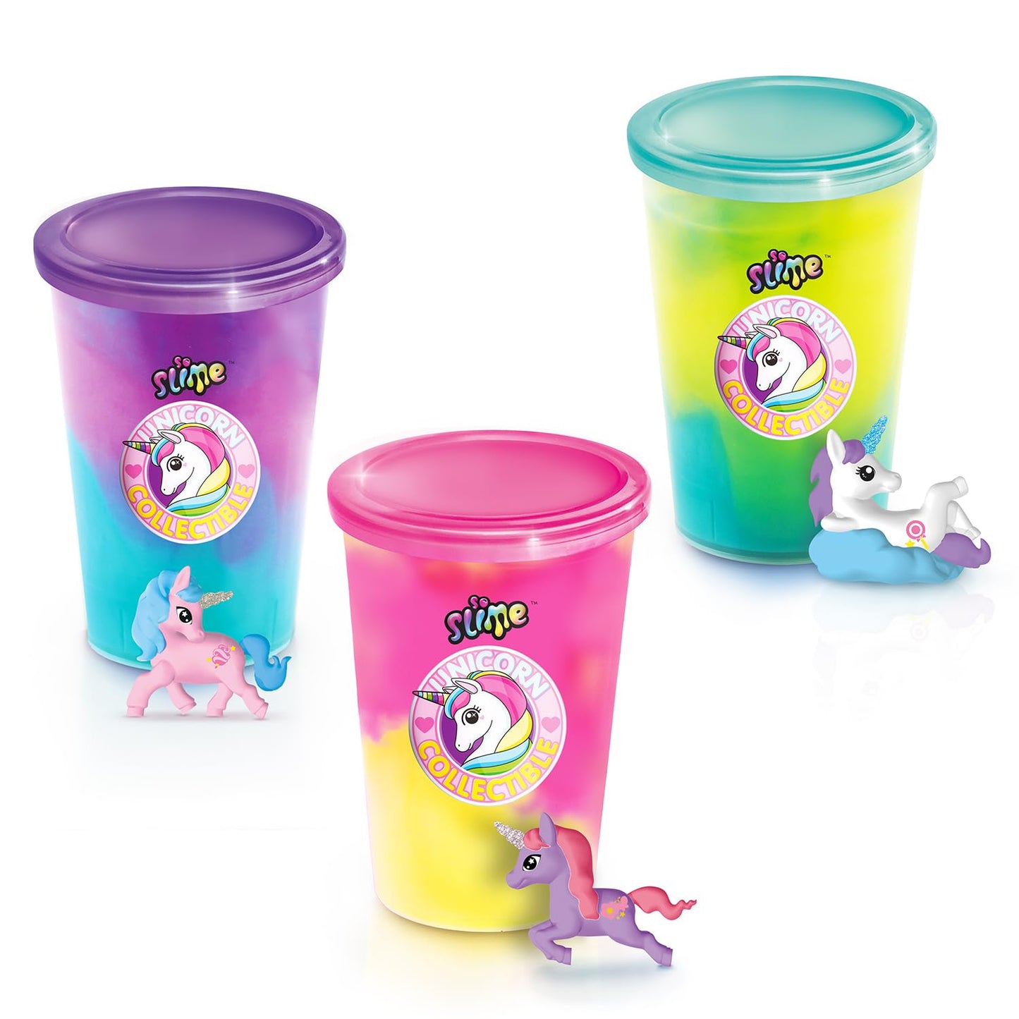 Three colorful So Slime Collectible Slime Unicorns from Canal Toys in a 3-pack, featuring vibrant slime and unicorn-themed designs.