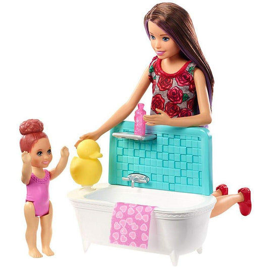 Barbie Babysitters Inc Playset with bathtub and Skipper doll featuring movable arms, in vibrant multicolors.