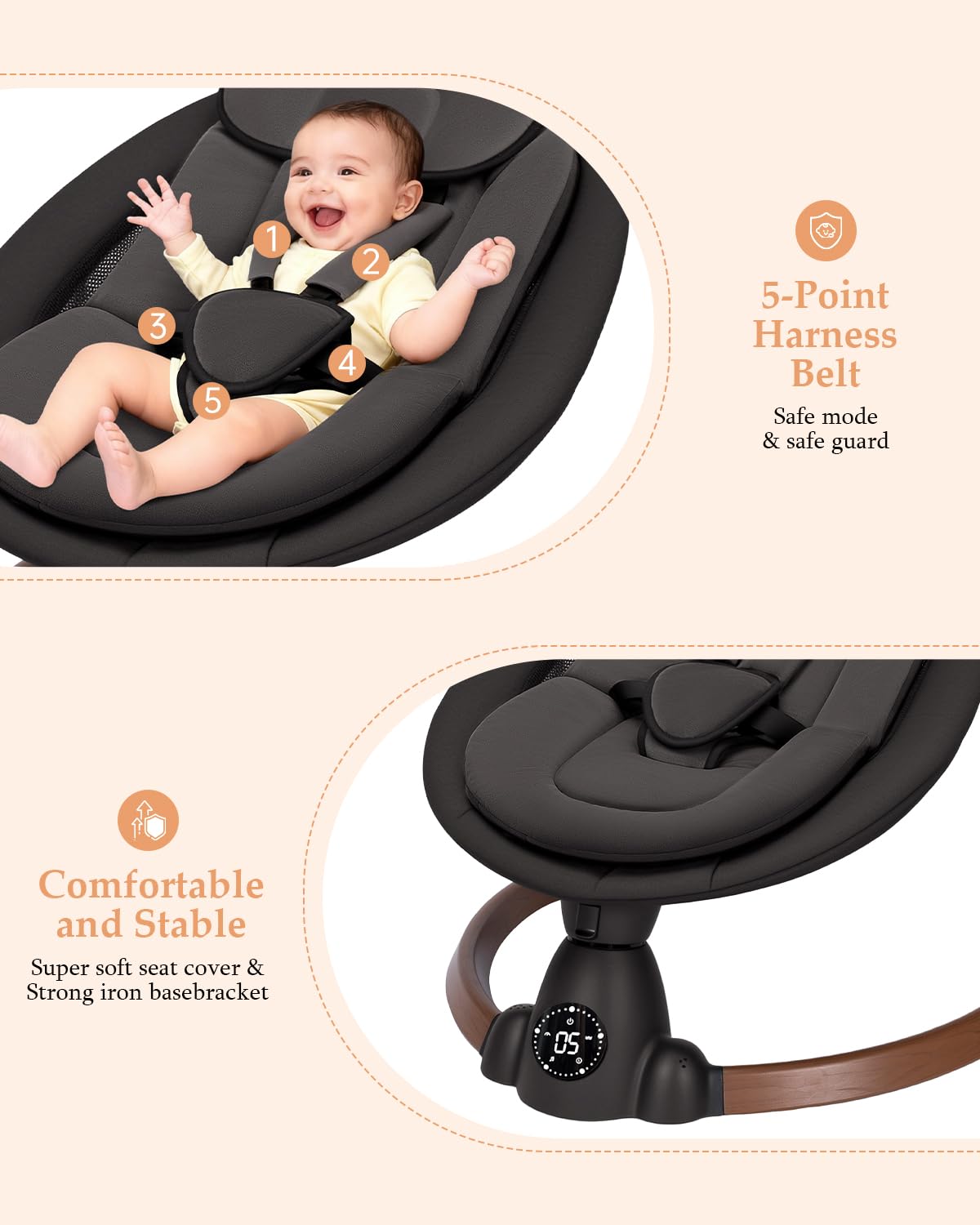 Black portable baby bouncer with Bluetooth, touch panel, remote, 5 swing speeds, 10 lullabies, and 5-point harness for indoor and outdoor use.