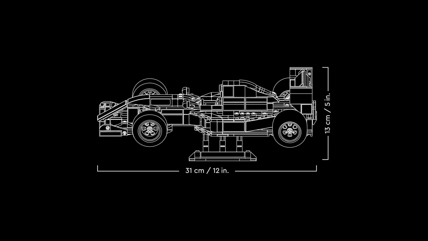 LEGO Icons Williams Racing FW14B F1 car model set with Nigel Mansell minifigure, trophy, and display stand.