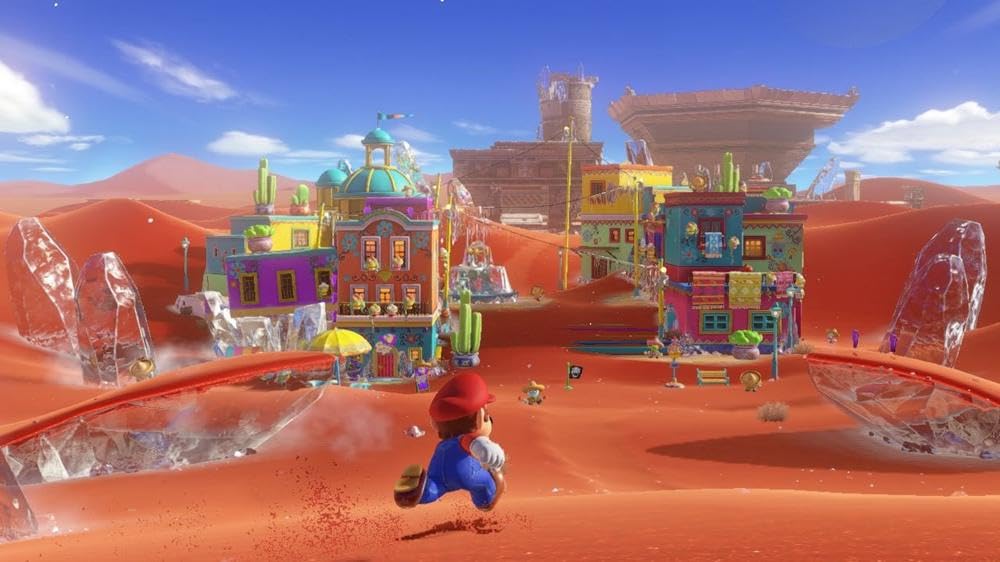 Nintendo Super Mario Odyssey game case featuring Mario in his iconic hat and red outfit, standing in a vibrant, colorful game world.