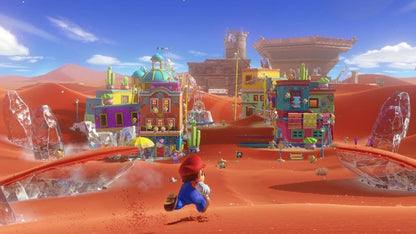 Nintendo Super Mario Odyssey game case featuring Mario in his iconic hat and red outfit, standing in a vibrant, colorful game world.