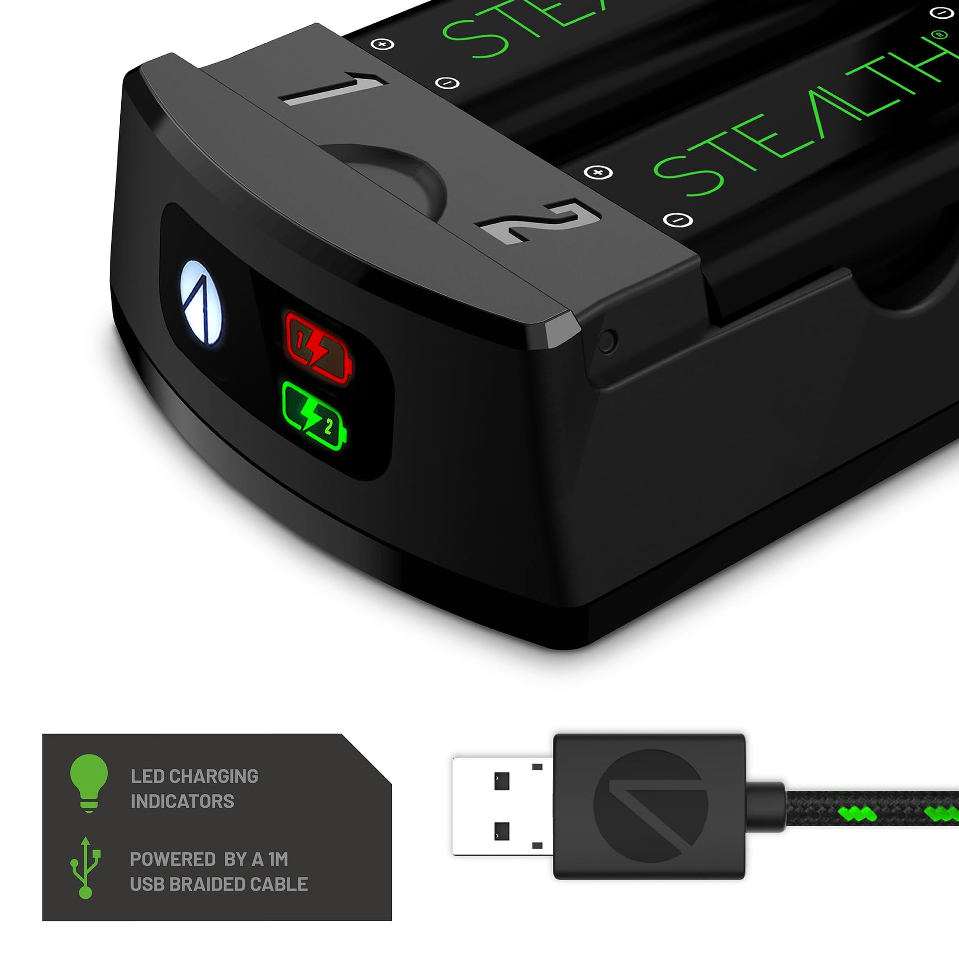 STEALTH SX-C10 X Twin rechargeable battery packs for Xbox Series X, shown connected and ready for gaming use.