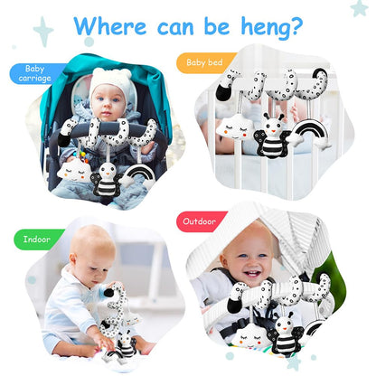 Aolso sensory pram toys in black and white spiral design with ringing bell, suitable for car seats and cribs.