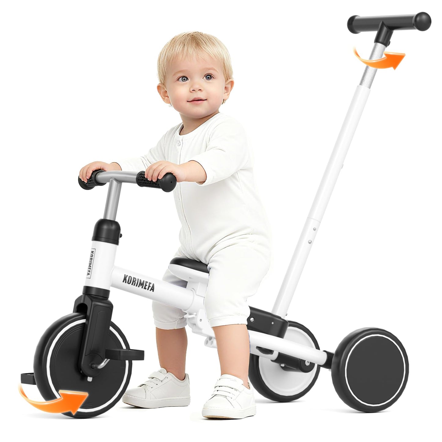 KORIMEFA Tricycle for 1-3 Years Old, 5 in 1 Balance Bike with Push Handle, Adjustable Seat, Removable Pedals, Toddler Trike for Boy & Girl, White