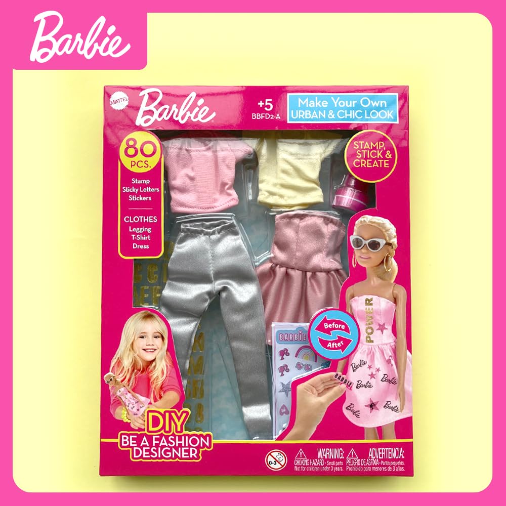 Barbie DIY Urban & Chic Fashion Designer Set with outfits, stickers, and stamps for creative kids' fashion play.