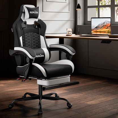 SUKIDA ergonomic gaming chair with adjustable headrest, lumbar support, footrest, and massage feature, ideal for PC office use.