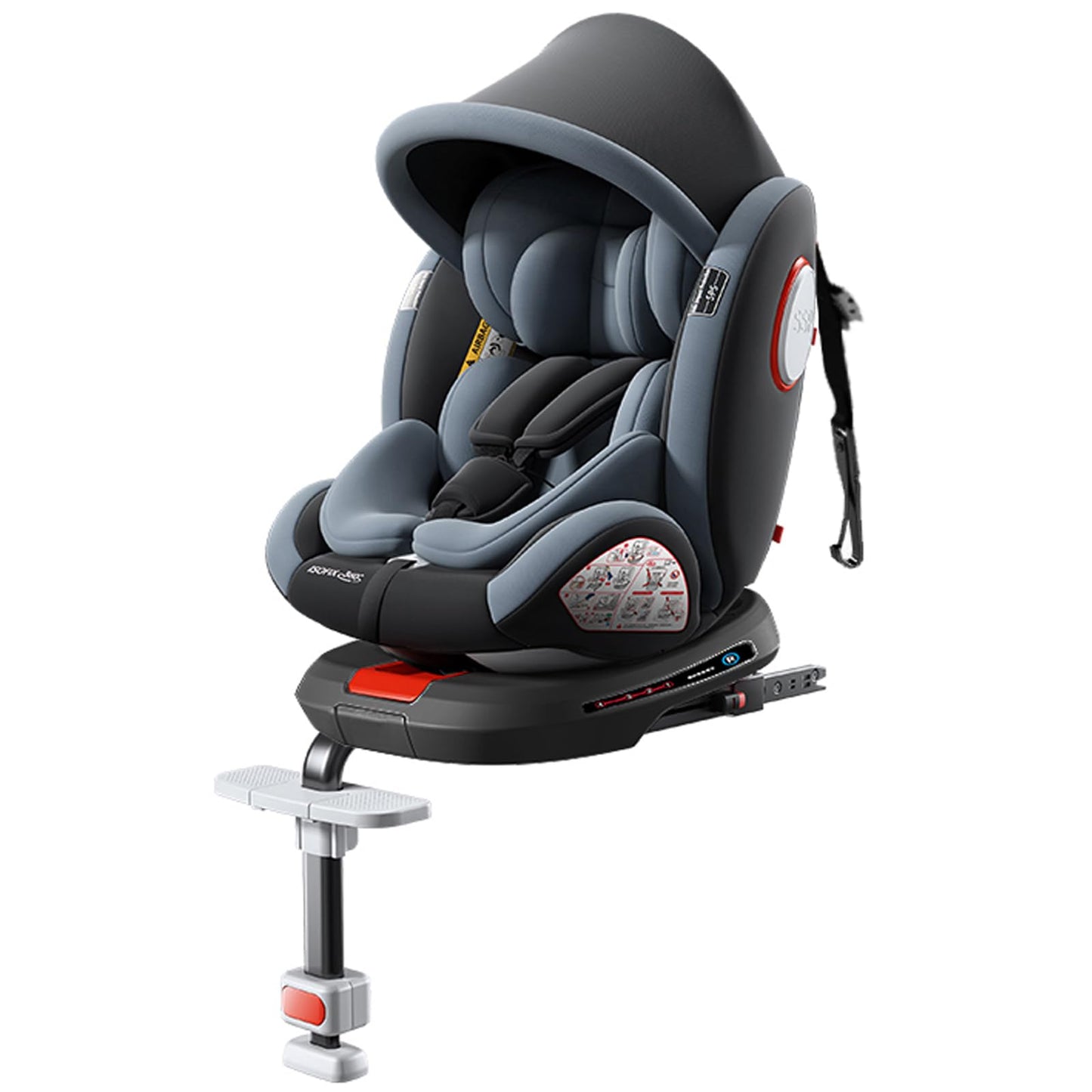 Aveainelle Plus 360 rotating infant and toddler car seat with base, footrest, and canopy in gray, showing the installed seat.