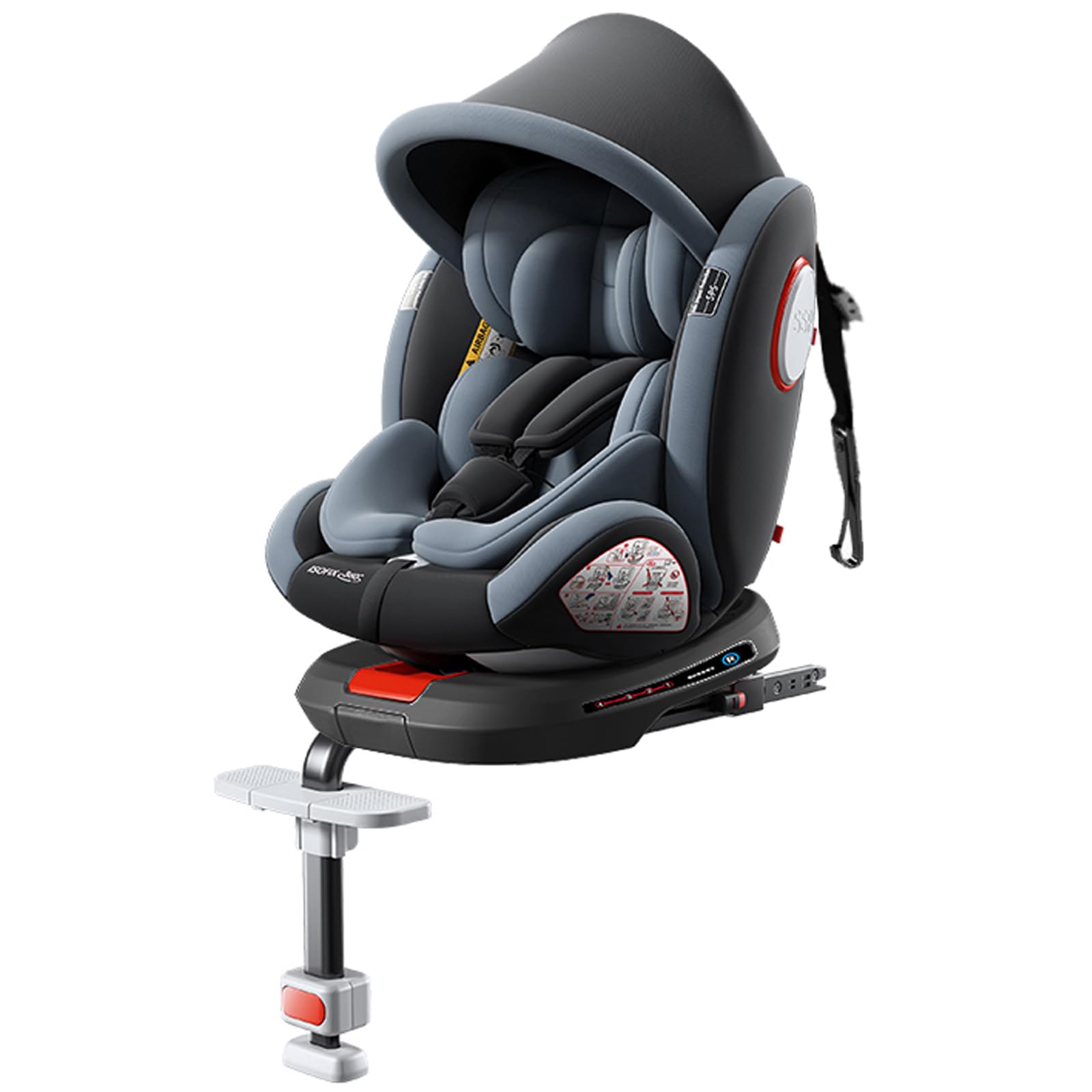 Aveainelle Plus 360 rotating infant and toddler car seat with base, footrest, and canopy in gray, showing the installed seat.