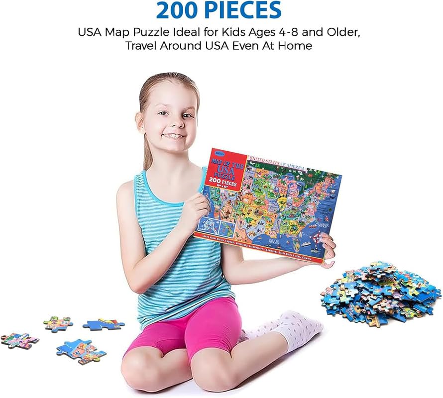 Learncredibles USA map jigsaw puzzle featuring continents and states, ideal for kids aged 7+ to learn U.S. geography.