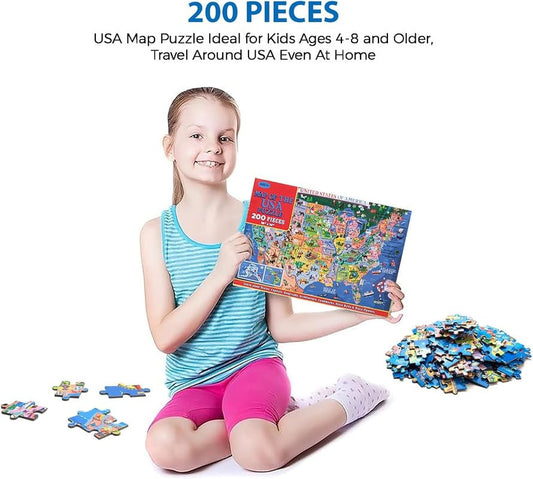 Learncredibles USA map jigsaw puzzle featuring continents and states, ideal for kids aged 7+ to learn U.S. geography.
