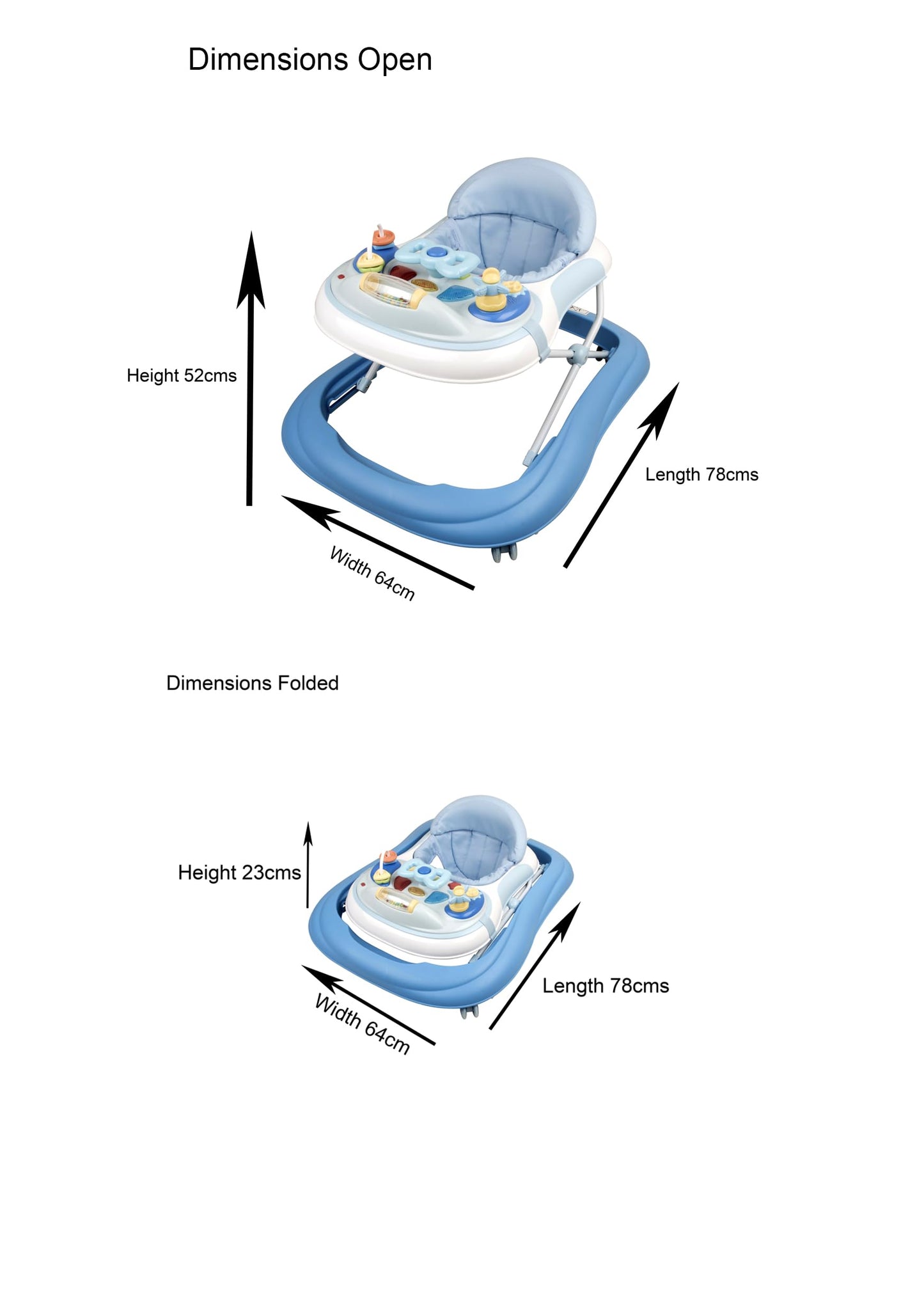 Babyco baby walker with lights and music, featuring a sturdy frame and colorful activity panel for infant entertainment.