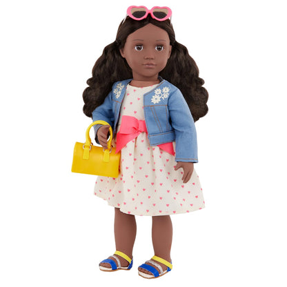 Our Generation 18-inch doll outfit featuring a bright jacket and dress combo with accessories in a 5-piece set.
