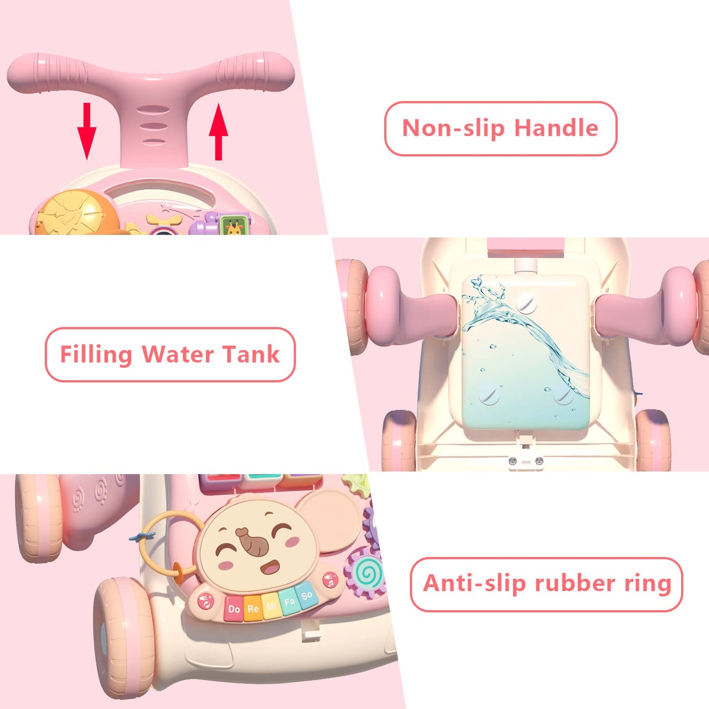QDRAGON 3-in-1 baby walker and activity center for girls, with push toy for infants learning to walk and sit-to-stand support.