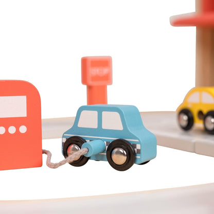 Owl & Fox Traditional Wooden Play Garage, Three Tier Garage with Ramps, Petrol Pump, Car Wash, Parking Barrier, Cars, Helicopter and Accessories, Interactive Imaginative Role Play