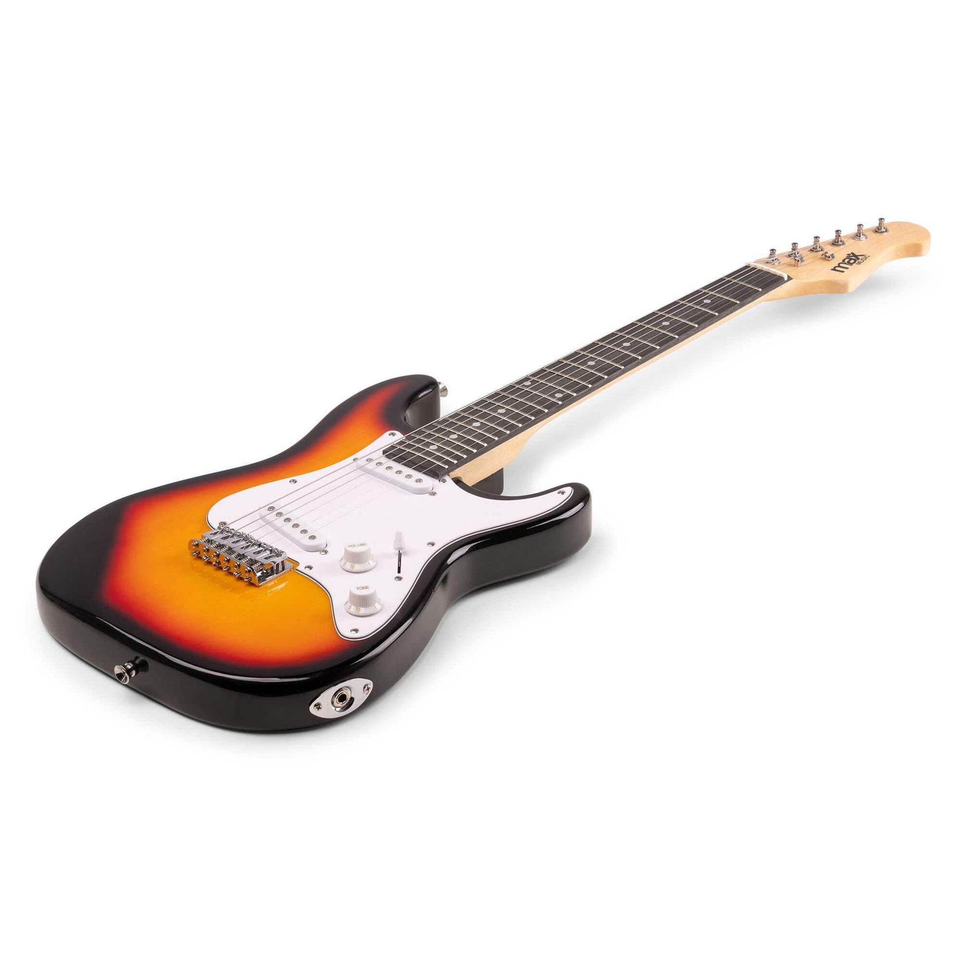 Max GigKit Junior electric guitar starter pack with 3/4 size sunburst guitar, 20W amplifier, case, tuner, strings, picks, and strap.