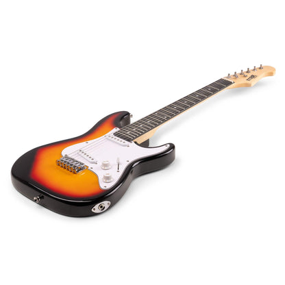 Max GigKit Junior electric guitar starter pack with 3/4 size sunburst guitar, 20W amplifier, case, tuner, strings, picks, and strap.