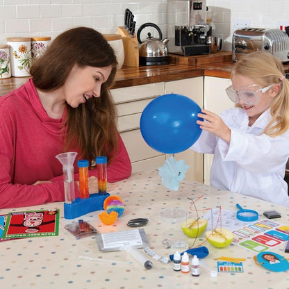 Galt Giant Science Lab kit for kids featuring lab coat, guide book, and tools for 30 STEM experiments in chemistry, biology, and physics.