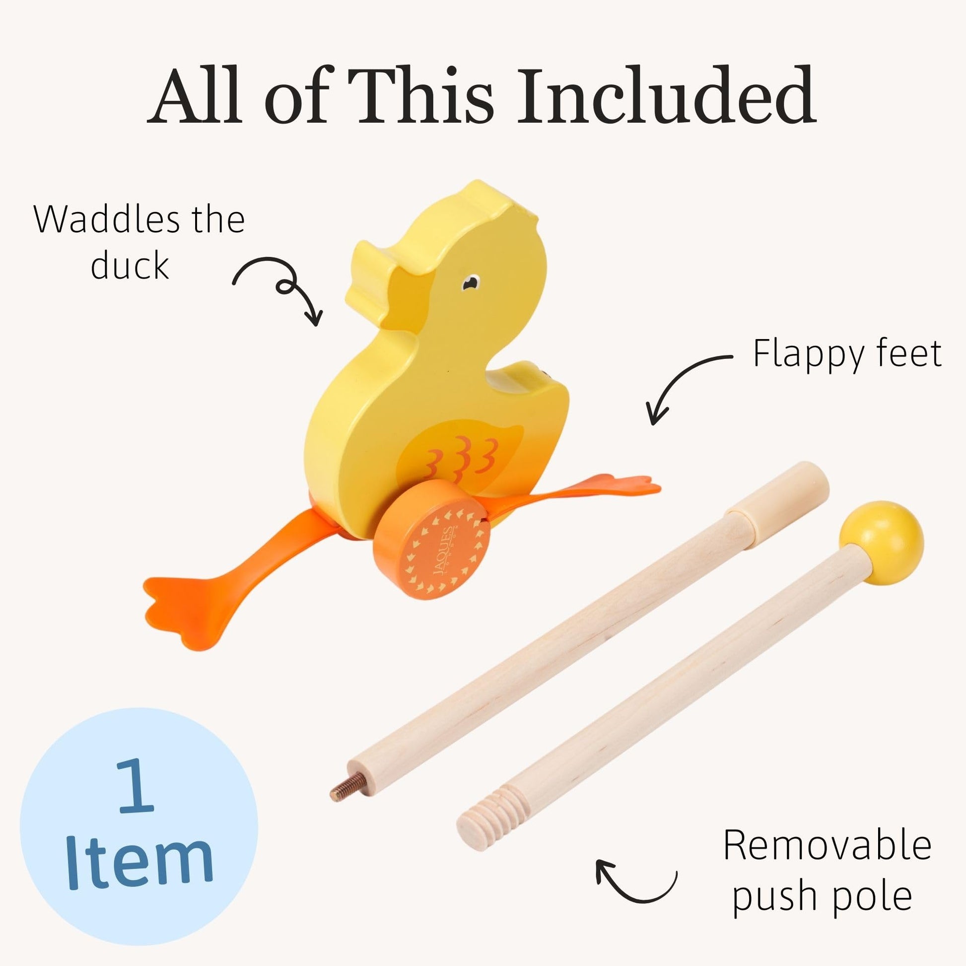 Jaques of London Waddles the Duck wooden push toy for toddlers, featuring a classic design and bright yellow duck figure.