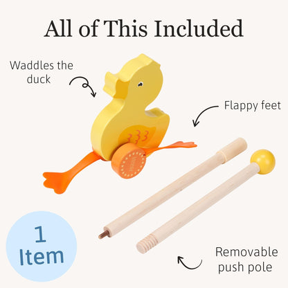 Jaques of London Waddles the Duck wooden push toy for toddlers, featuring a classic design and bright yellow duck figure.