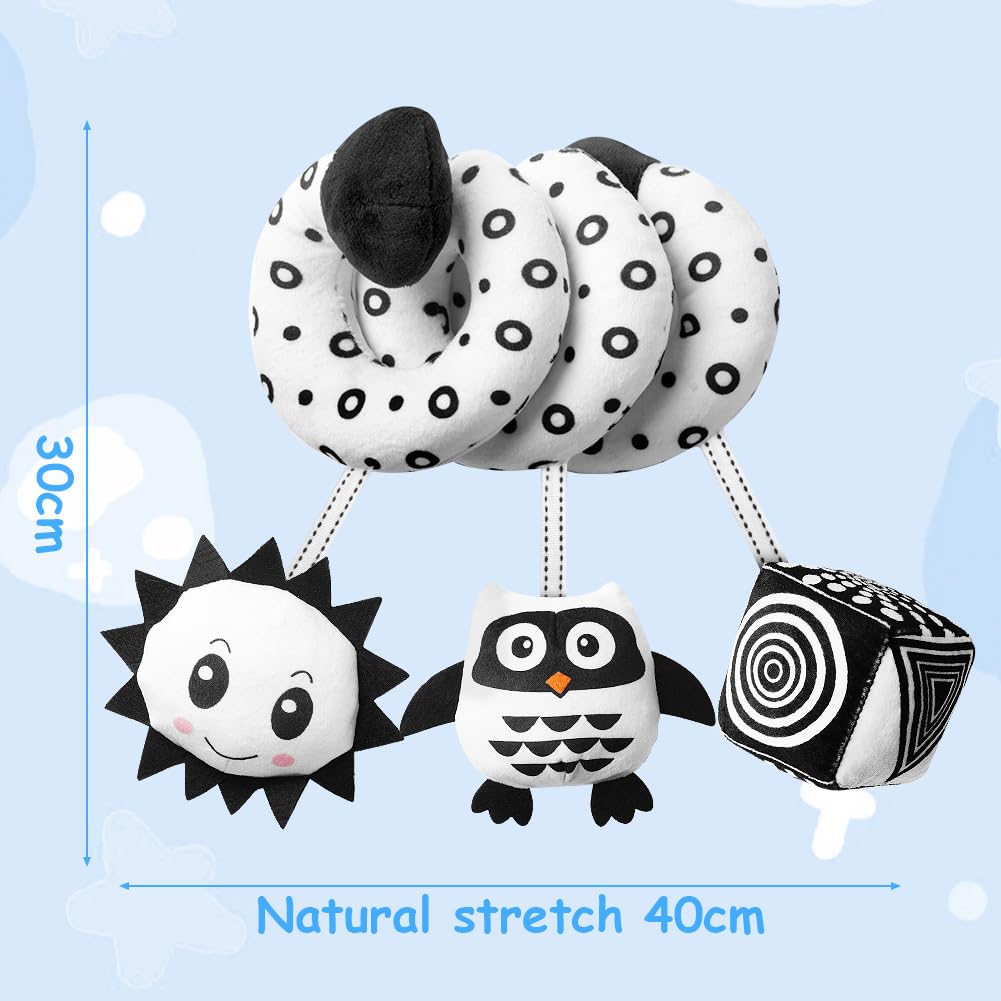 Aolso Spiral Pram Hanging Toy with black and white owl design, ringing bell, for car seat and crib sensory activity and early learning.