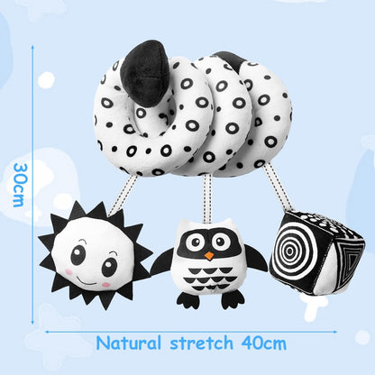 Aolso Spiral Pram Hanging Toy with black and white owl design, ringing bell, for car seat and crib sensory activity and early learning.