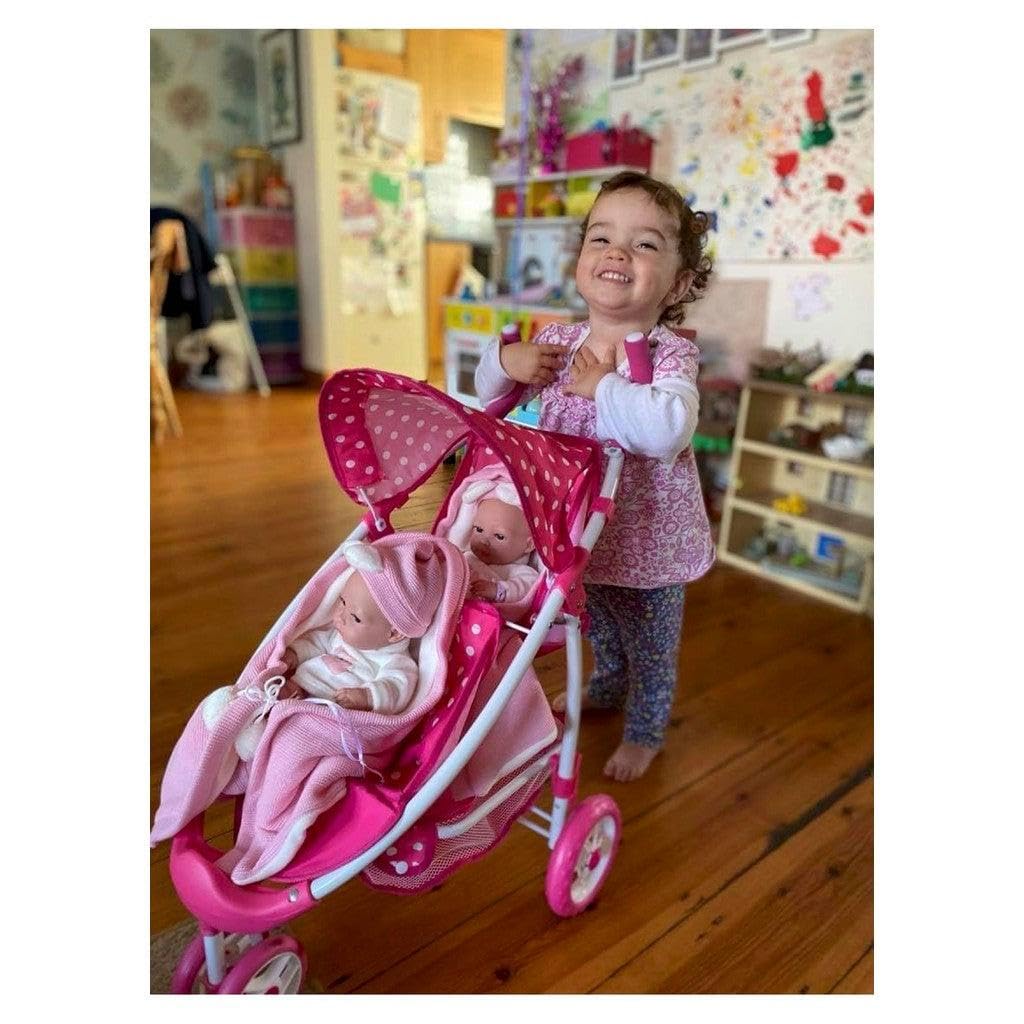 Roma Dotty Dolls Pram with 2 Seats - Dolls Pushchair for 2 Dolls or Teddies, Dolls Double Buggy with Handle Height of 65cm, Suitable for Age 3+, Includes Shopping Basket