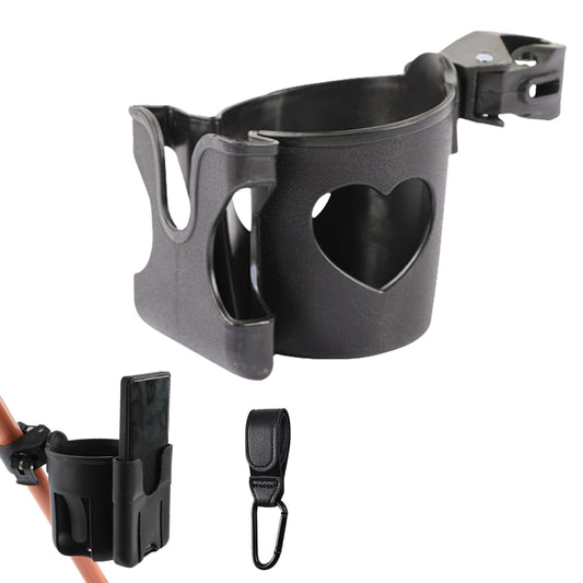 Black BAGUBDR pram cup holder with phone holder for stroller, pushchair, bike, and buggy accessories, securely holds drinks and phones.