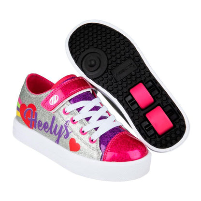 Heelys boys silver rainbow heart sneaker with wheels, size 1 UK, featuring colorful design and casual athletic style.