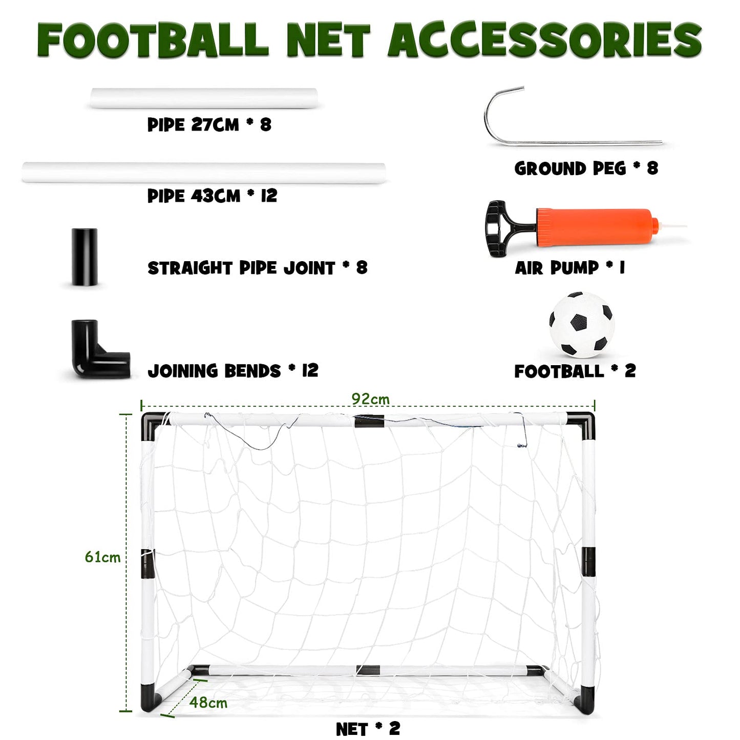 Dreamon set of 2 kids football goal post nets with soccer ball pump, suitable for indoor and outdoor soccer training and games.
