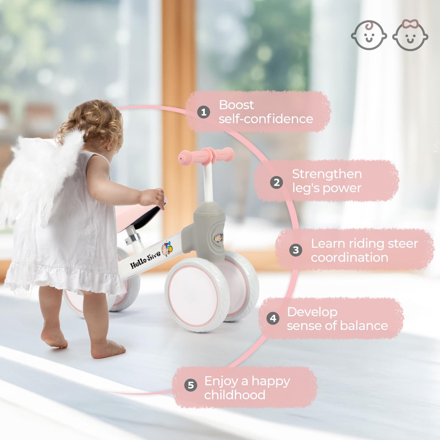 Hello-5ive Baby Balance Bike,Indoor Outdoor Toys Baby Ride On Bike No Pedals for 1-3 Year Old Boys Girls Kids Toddlers First Bike, Best Gift (white&pink&grey)