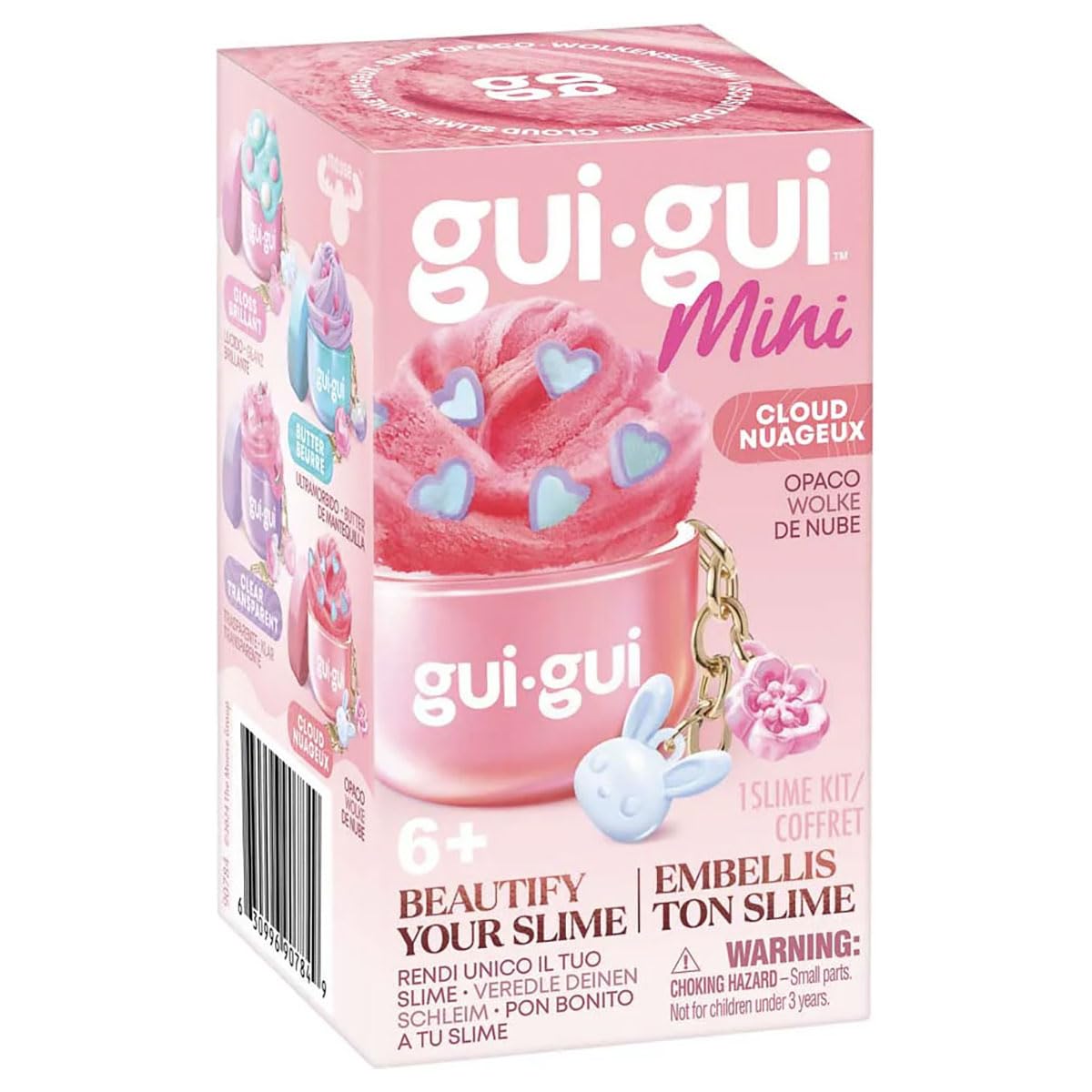 Gui Gui mini cloud slime keyring with colorful charms and accessories, soft stretchy cloud slime toy for kids' creative play.