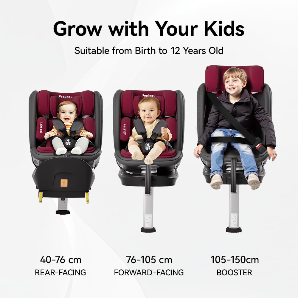 Feakaou 360 Car Seat with ISOFIX - Newborn to 12 Years Children, i-Size (ECE R129/E4) Rotating Swivel Baby Car Seat,Group 0+1/2/3 (40-150cm),Rear Facing for Longer from Birth to 4 Years. Red Black