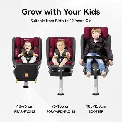 Feakaou 360 Car Seat with ISOFIX - Newborn to 12 Years Children, i-Size (ECE R129/E4) Rotating Swivel Baby Car Seat,Group 0+1/2/3 (40-150cm),Rear Facing for Longer from Birth to 4 Years. Red Black