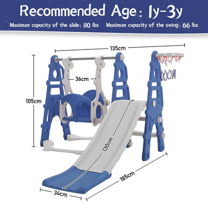 FUKEA Kids Slide, Large 4 in 1 Toddler Slide, Climber & Swing Set with Basketball Hoop, Garden Climbing Frames, Slide for Children Age 1-3 Indoor & Outdoor, for Kids (Blue)