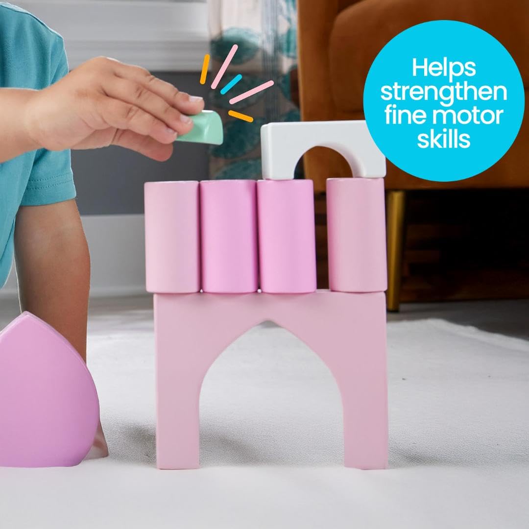 Fisher-Price wooden toddler toy castle block set with 28 stacking pieces for preschool kids ages 2+ for imaginative play.