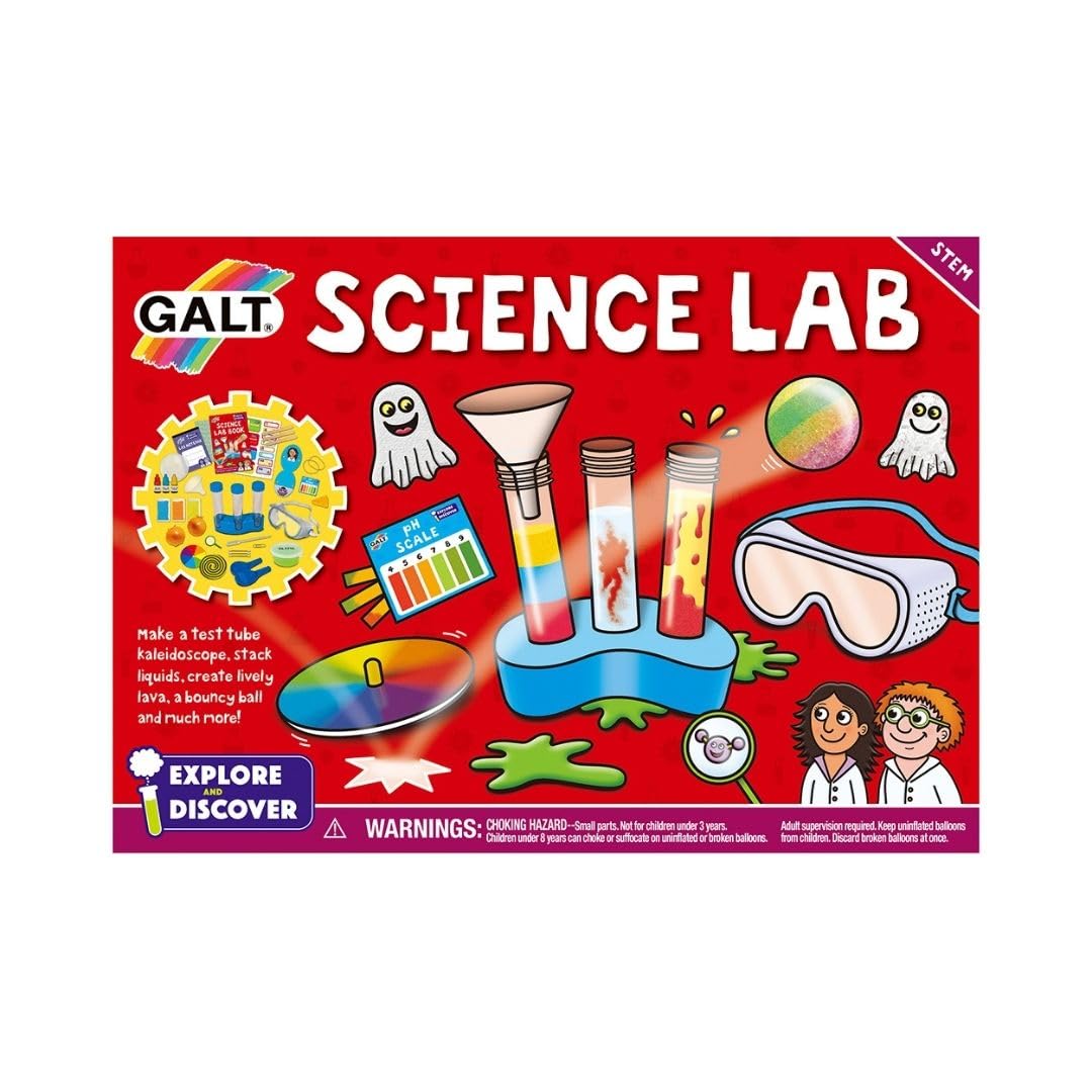 Galt Science Lab kit for kids with experiments, guide book, and craft materials to make kaleidoscopes, lava, bouncy balls, and more.