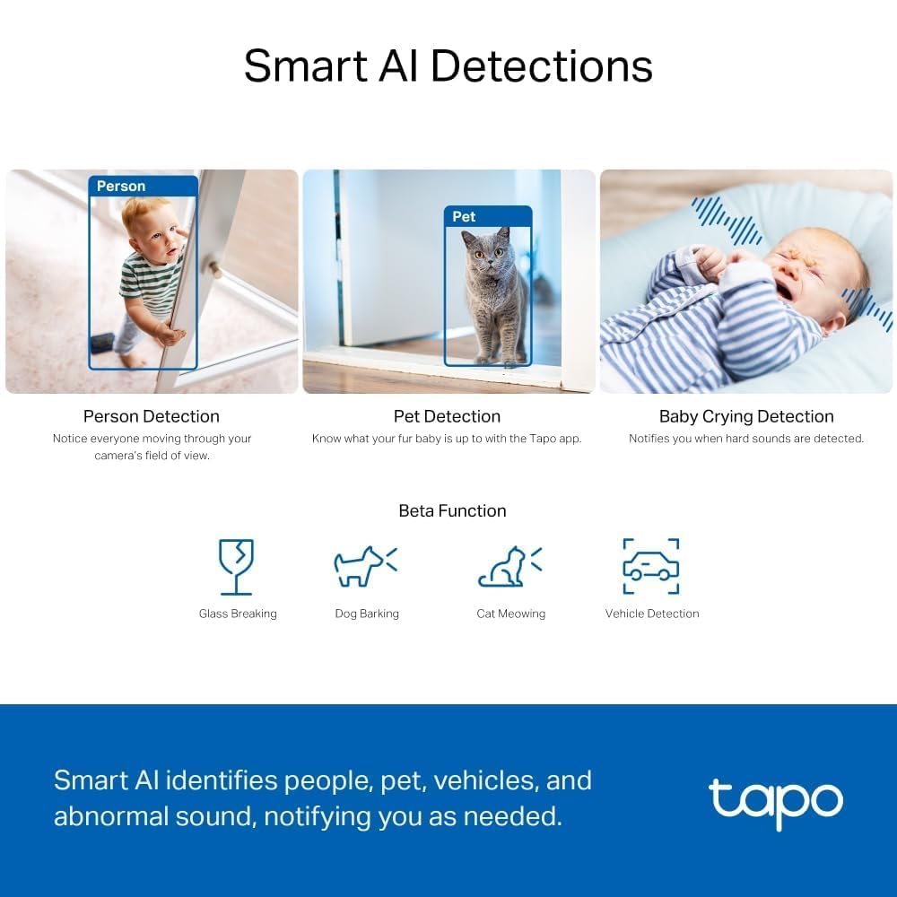Tapo C230 3K 5MP indoor security camera with pan/tilt, night vision, two-way audio, AI detection for person, pet, and baby cry.
