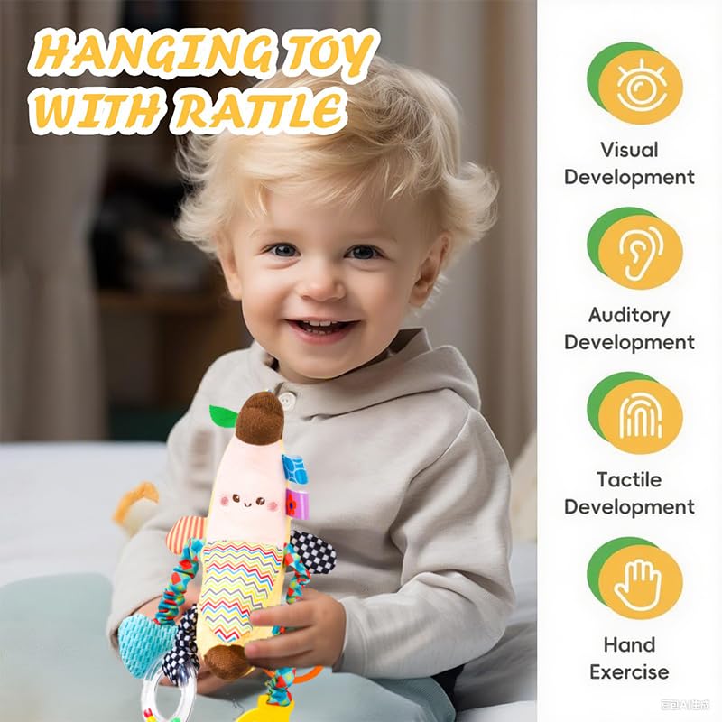 Felly clip-on plush pram toy with colorful hanging rattle for babies 0-6 months, sensory and travel activity toy for strollers.