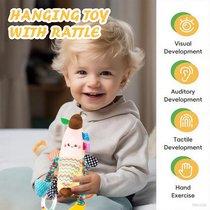 Felly clip-on plush pram toy with colorful hanging rattle for babies 0-6 months, sensory and travel activity toy for strollers.