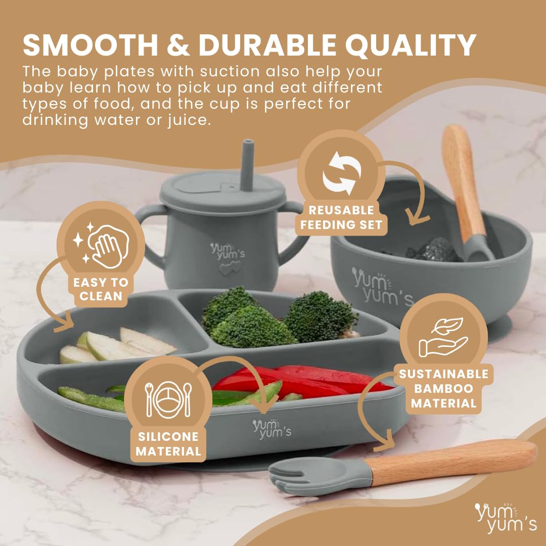 Yum Yum's Baby 10 Pcs Grey Weaning Set - Complete Toddler Feeding Kit w/Sectioned Plate, Suction Bowls, Cutlery with Mouth Guard, Straw Cup, Bib & Mat - Non-Slip - for Toddlers & Baby Gift