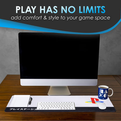 PlayStation Heritage desk mat by Paladone featuring official Sony logo and gaming design, non-slip surface, large mouse pad for gaming setup.