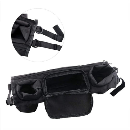 Vicloon baby stroller organizer with black Oxford fabric, bottle holder, zippered pocket, and universal attachment for prams.