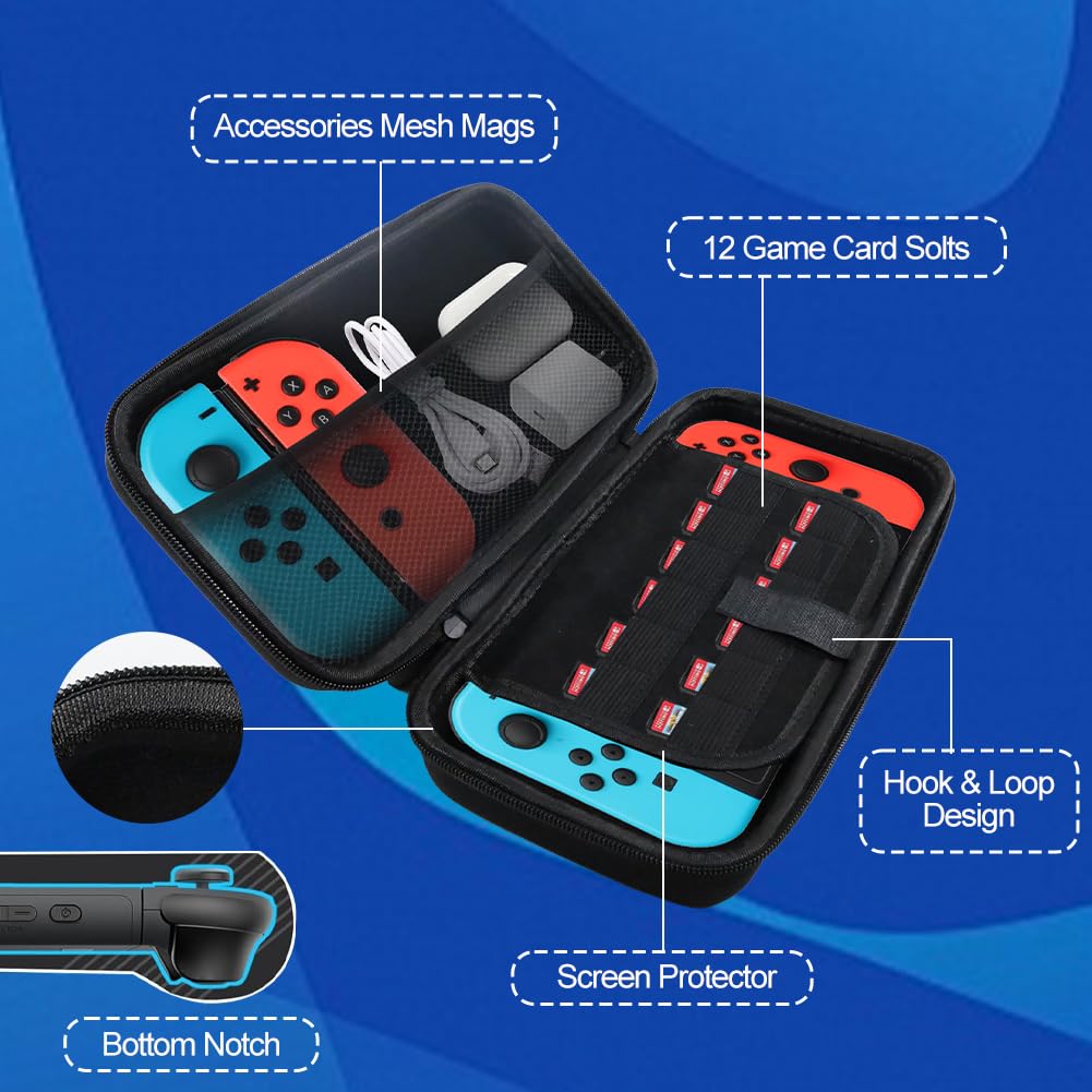 Abnaok Nintendo Switch 2 protective travel case with screen padding, game card slots, microSD slots, zipped and open pockets.