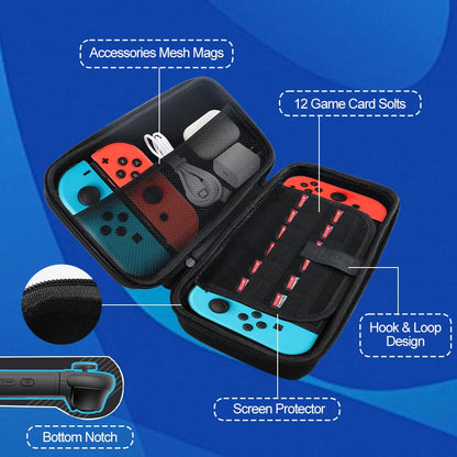 Abnaok Nintendo Switch 2 protective travel case with screen padding, game card slots, microSD slots, zipped and open pockets.
